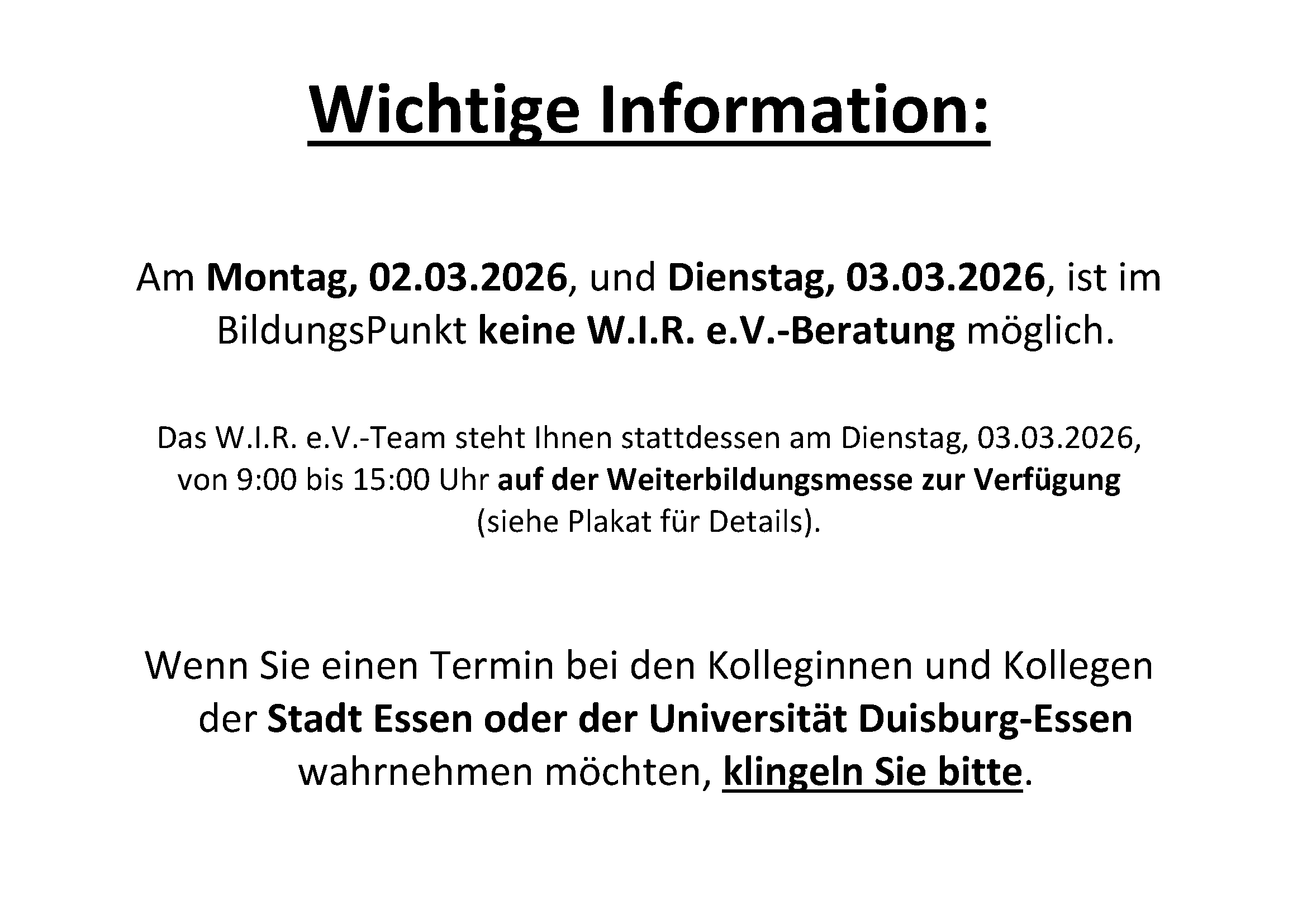 BildungsPunkt Beratungszeiten an den Messetagen